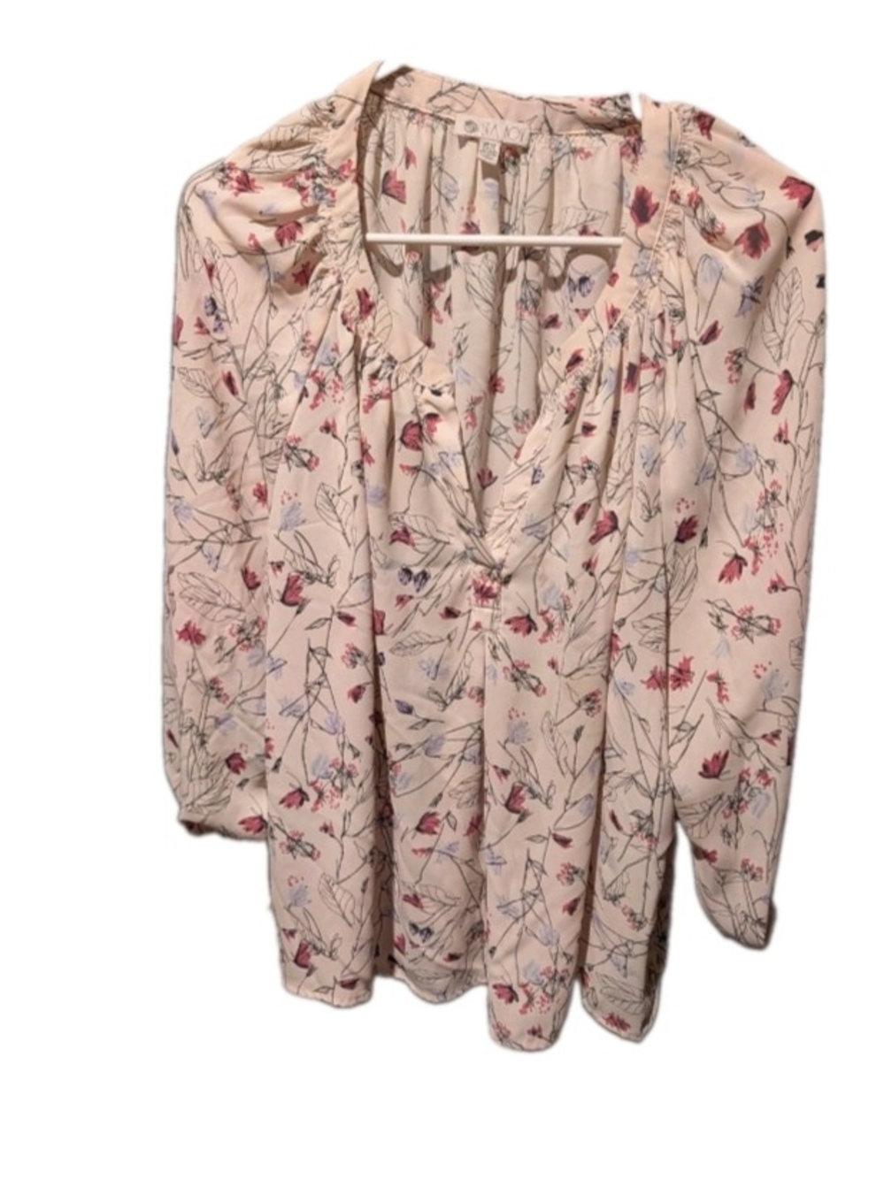 Lila Rose Women's 1X Ivory Floral Peasant Blouse 3/4 Sleeve Split Neck Plus Size